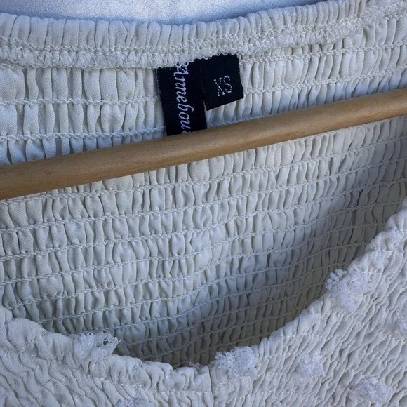 Annebouti Swiss Dot Midi Dress Sz XS Cream Smocked Cute Swing Ruffle Hem Girlie - Picture 9 of 10